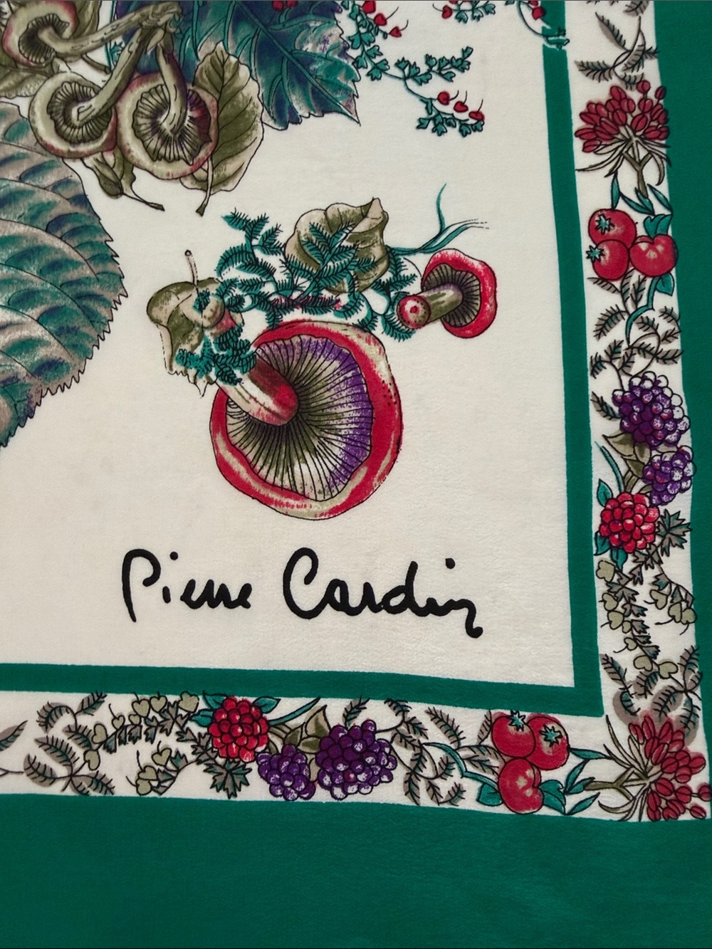 Pierre Cardin Cream Silk Scarf with Green Border and Multicolor Print